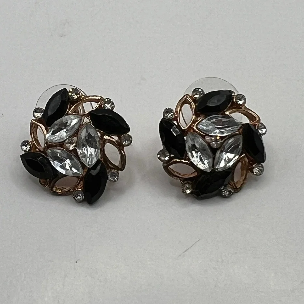 Vintage Rhinestone Pierced Earrings Black‎ Blue Clear Stones Copper Tone